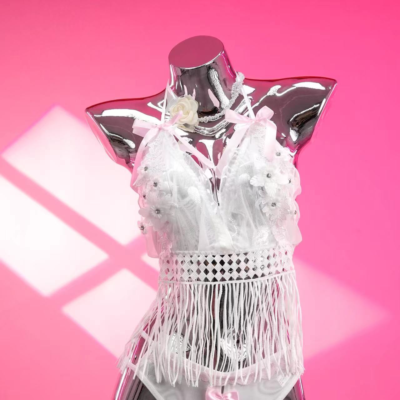 白月光【90-210斤】大码优雅镂空性感吊带新款女士睡裙+内裤套装A43