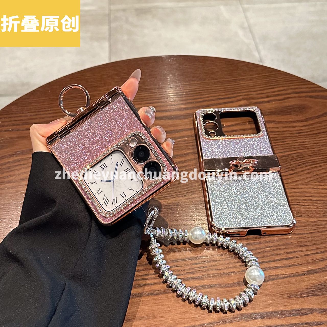 适用华为novaflip手机壳novaflip折叠屏电镀闪粉渐变指环珍珠手链