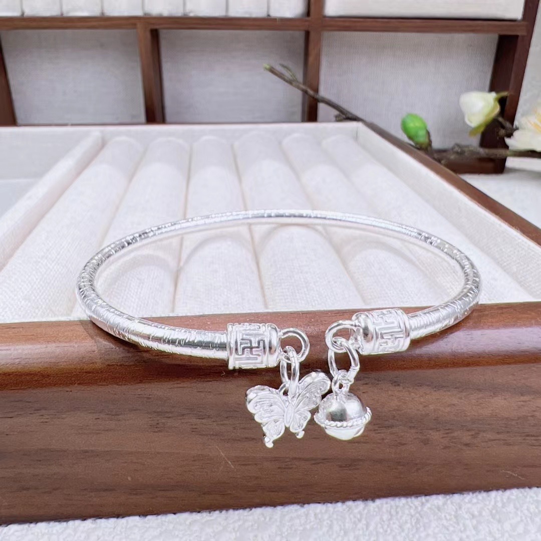 足银手镯 拾光银饰 足银999.9铃铛蝴蝶结开口手镯