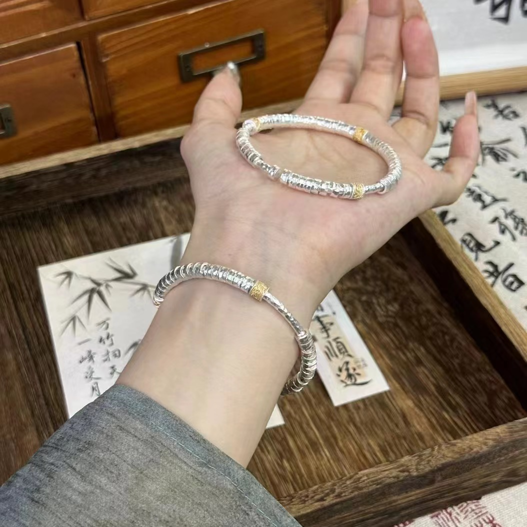 足银手镯 「缠万贯」纯银手镯女盘缠万贯描金唐草开口实心镯