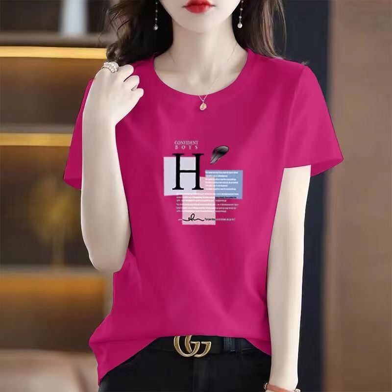 新款女彩色短款纯棉短袖时尚百搭宽松圆领印花半袖   H字母