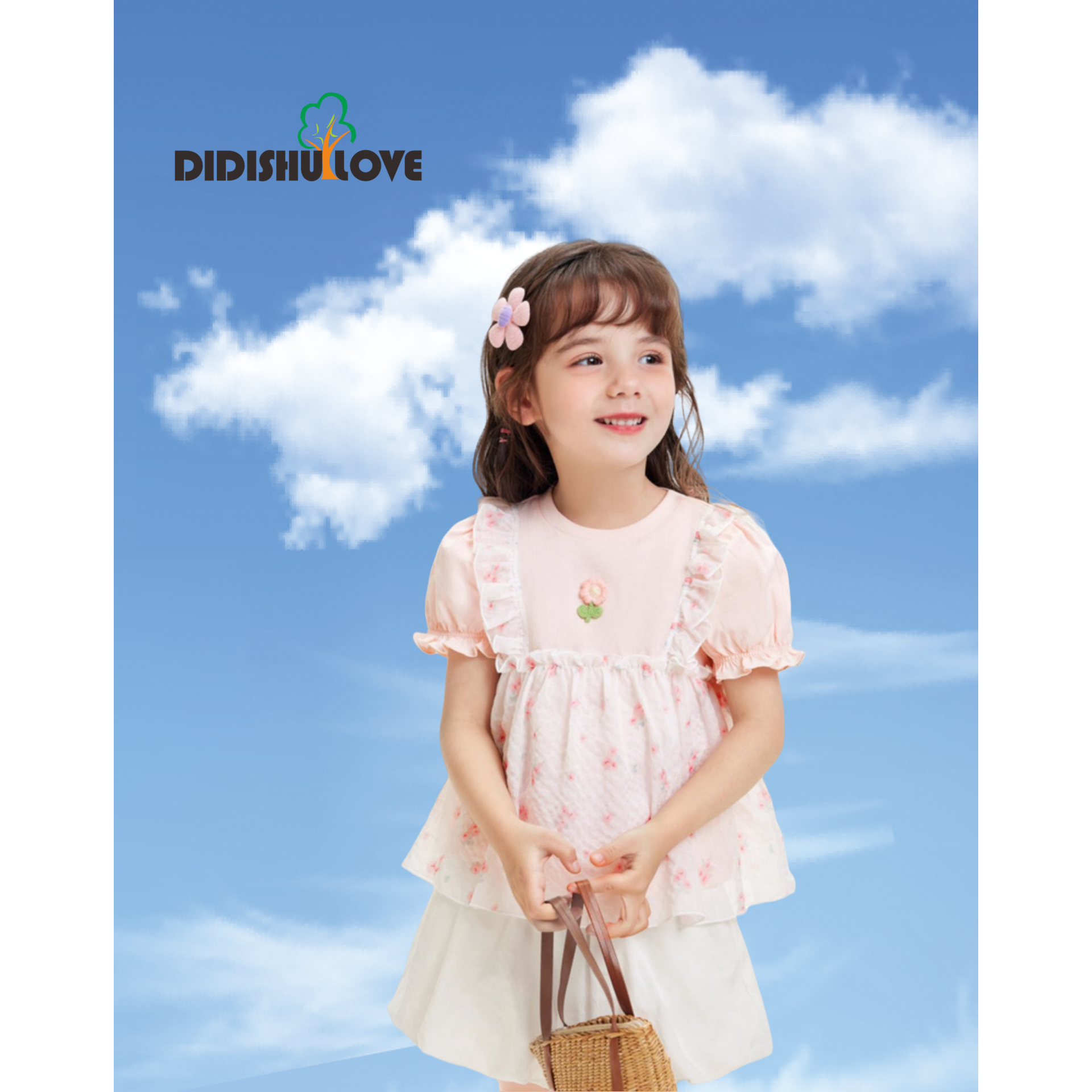 【DDS优选】2024B16 精致小花雪纺女童泡泡袖T恤