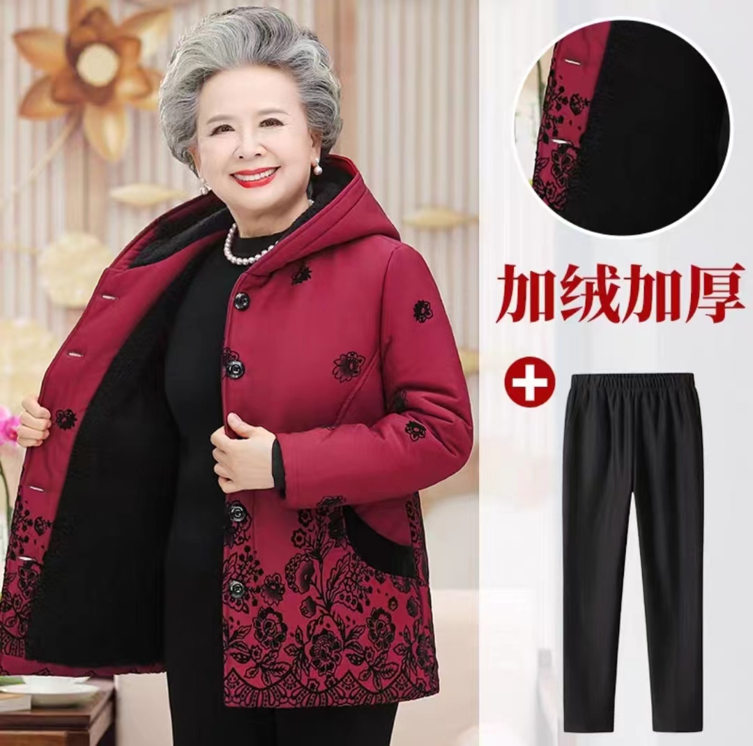 冬季妈妈装棉服加厚老太太棉袄加绒保暖老年女装冬装外套奶奶棉衣