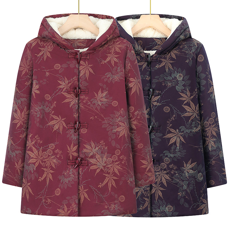 老人棉袄加绒加厚老年妈妈装冬装棉服中长款连帽奶奶冬季棉衣保暖