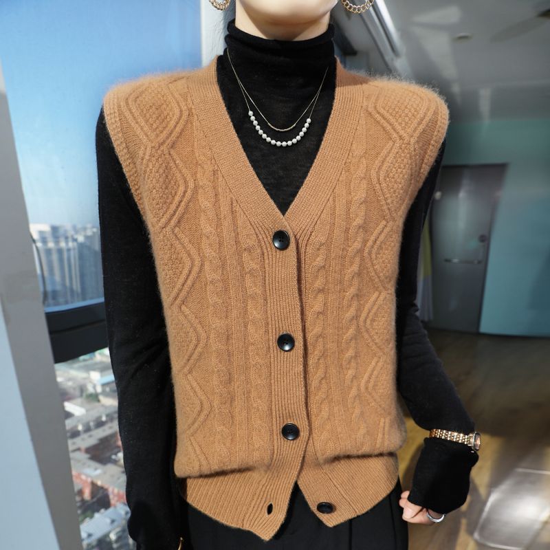 秋冬新款100%纯羊毛开衫马甲V领女无袖背心加厚宽松百搭针织坎肩