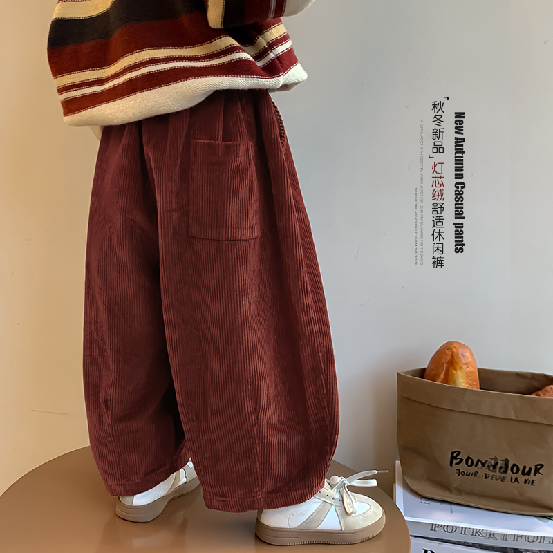 女童秋冬款2024新款加绒加厚儿童冬季灯芯绒阔腿裤安可拉红休闲裤