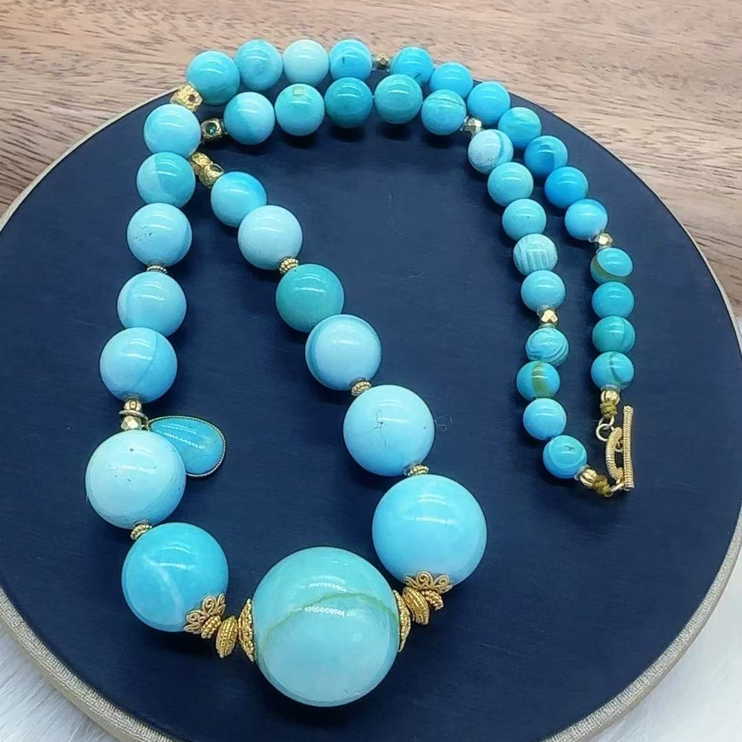 天然原矿绿松石高瓷蓝色水波纹蓝色圆珠项链18K金配饰