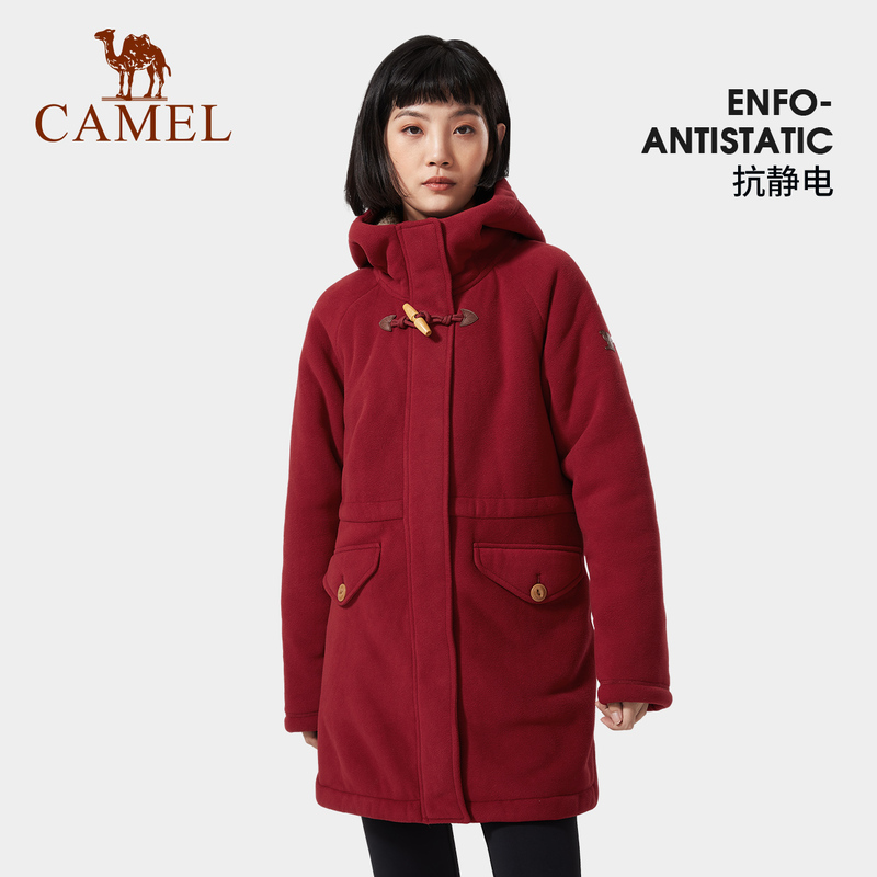 CAMEL骆驼秋冬新款开衫中长款女外套时尚百搭保暖连帽休闲中长款