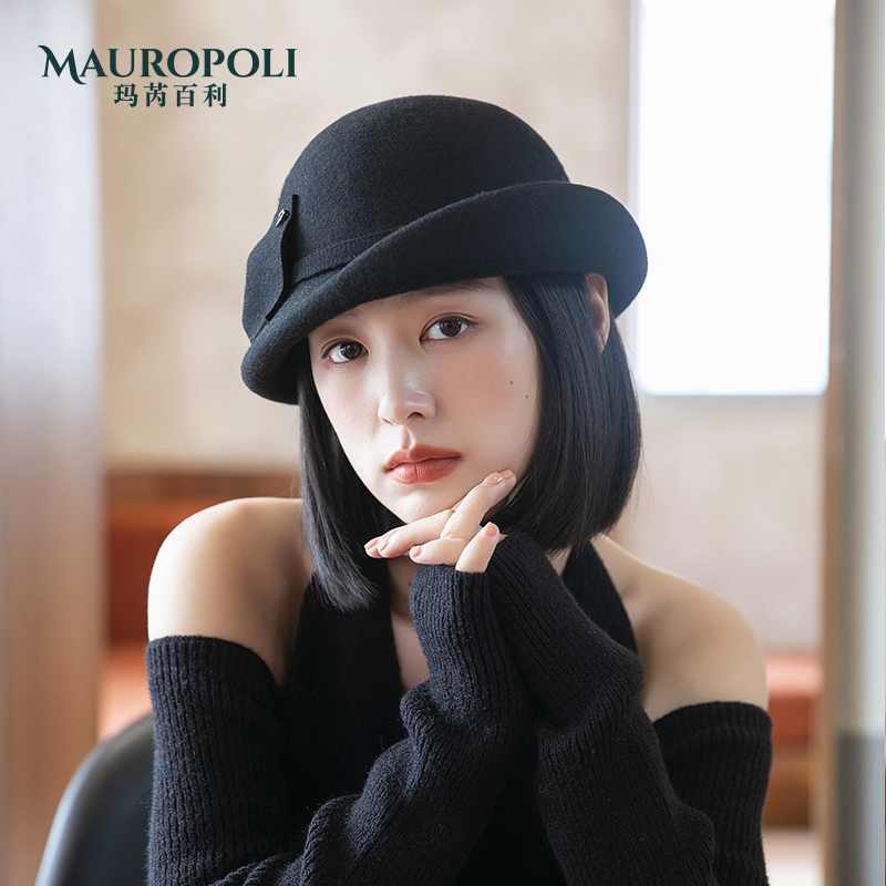 MauroPoli/玛芮百利黑色羊毛礼帽女秋冬卷边毡帽女英伦高级帽子