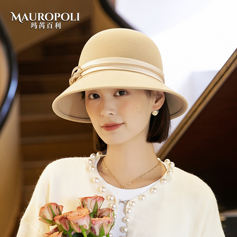 MauroPoli/玛芮百利法式优雅羊毛渔夫帽女秋冬2024新款圆顶时尚百