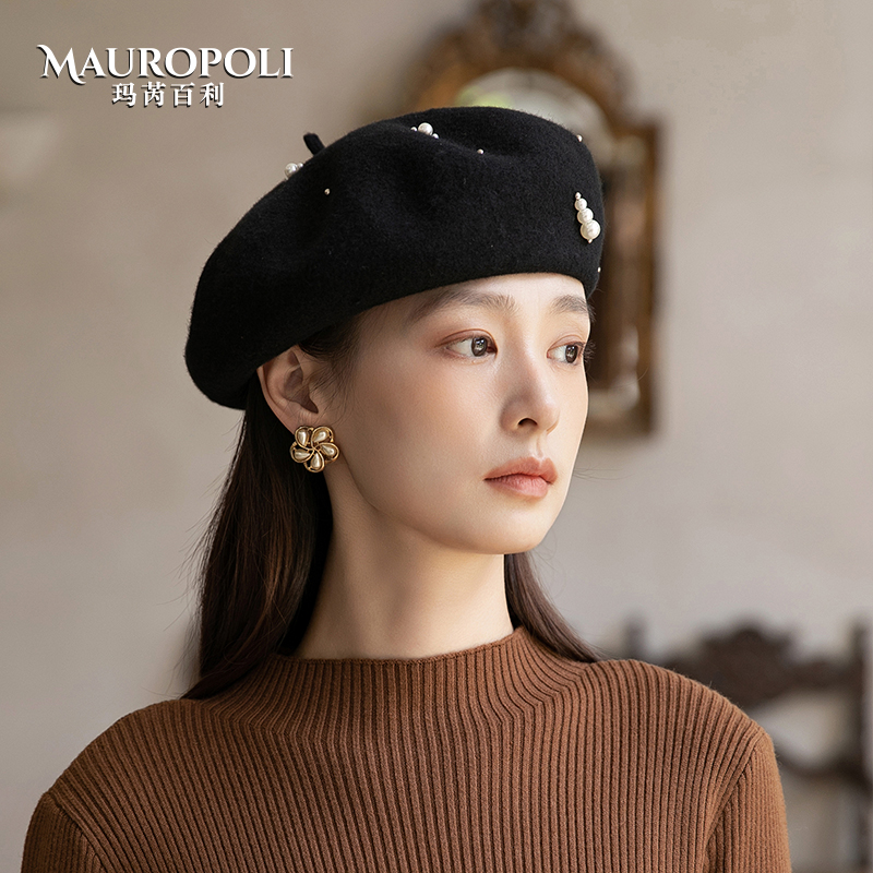 新款羊毛贝雷帽女秋冬季韩版黑色百搭画家帽子显脸小八角高级帽子