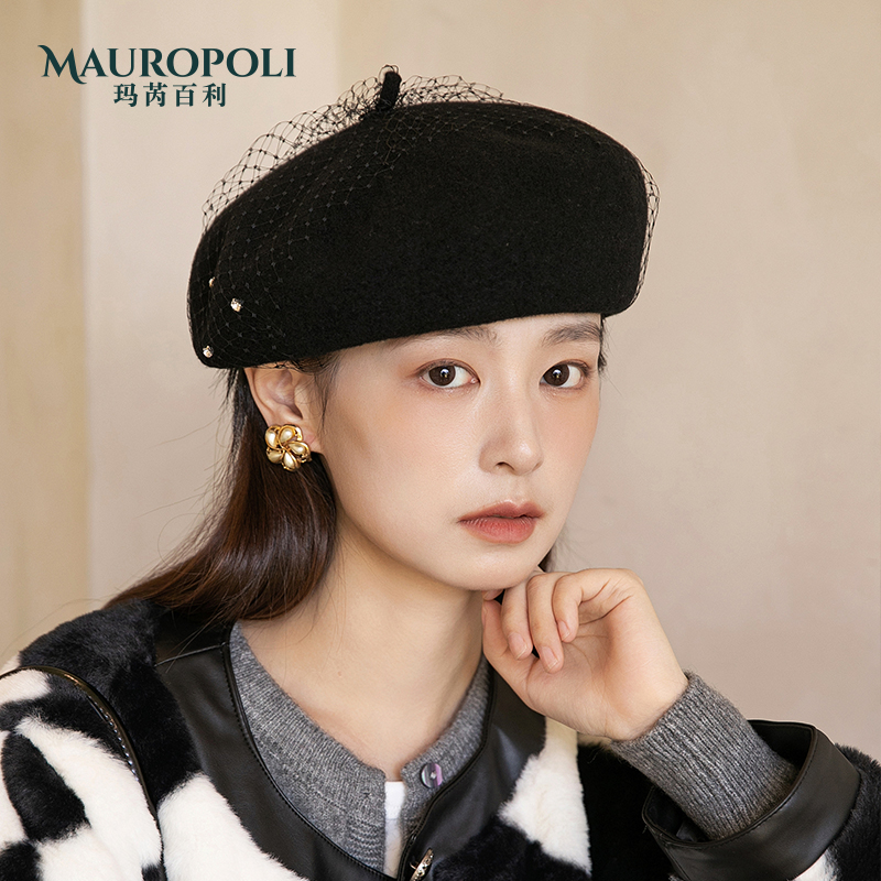 法式轻奢羊毛贝雷帽女2025新款秋冬季新款时尚网纱蓓蕾帽画家帽潮