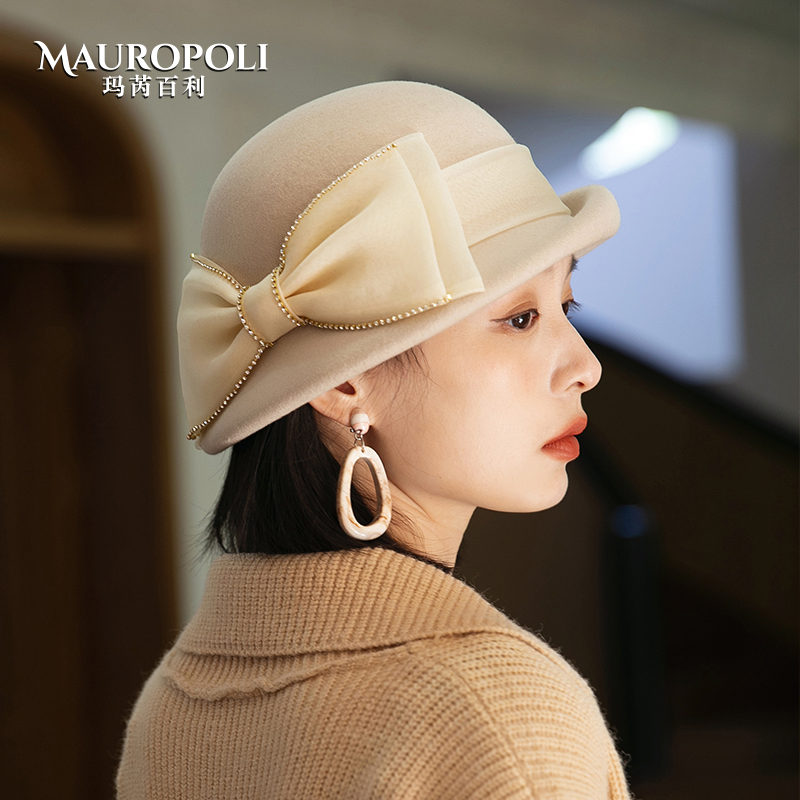 MauroPoli/玛芮百利礼帽女秋冬季新款时尚优雅贝雷帽气质兔毛毡帽