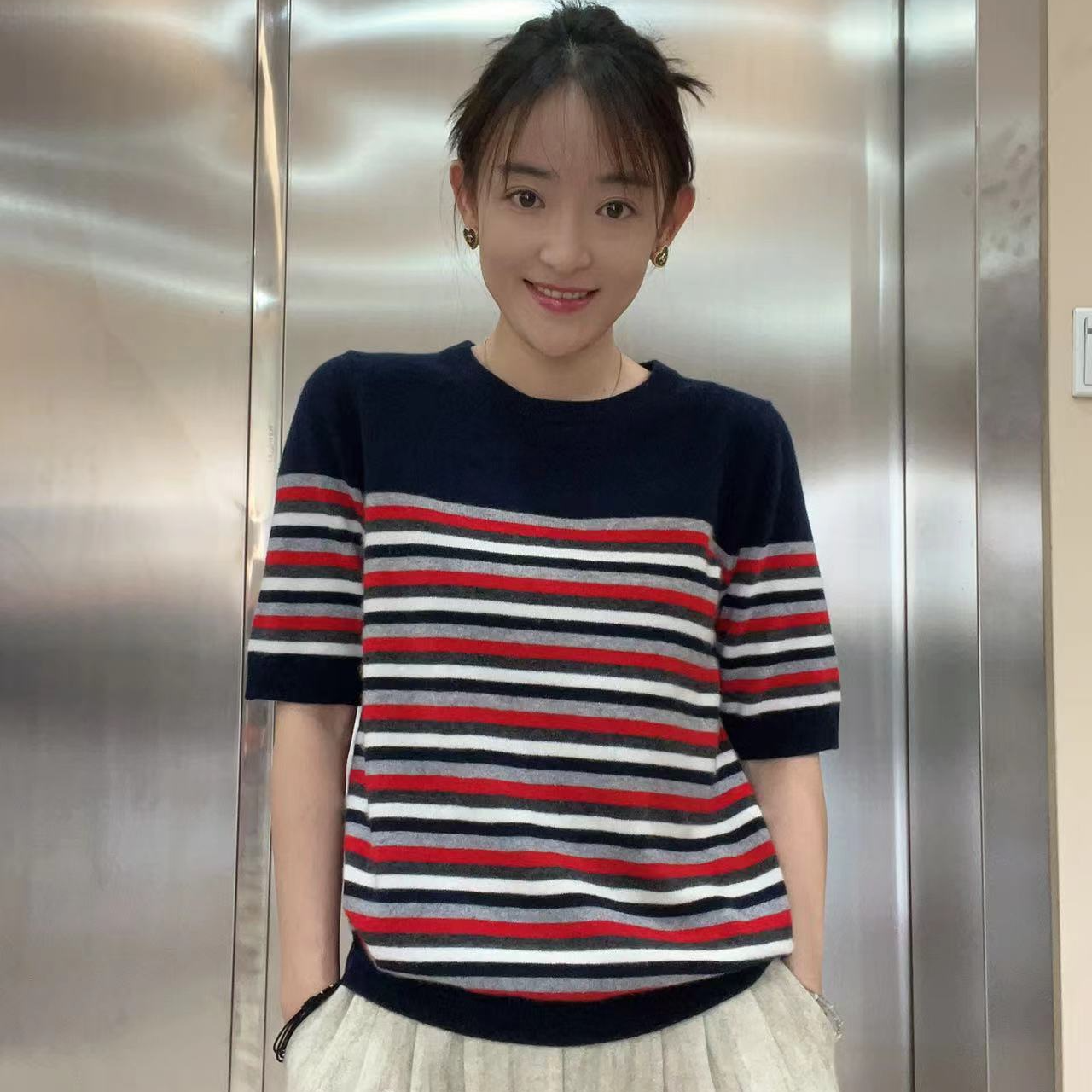 女款羊绒条纹休闲圆领短袖RLW882-003