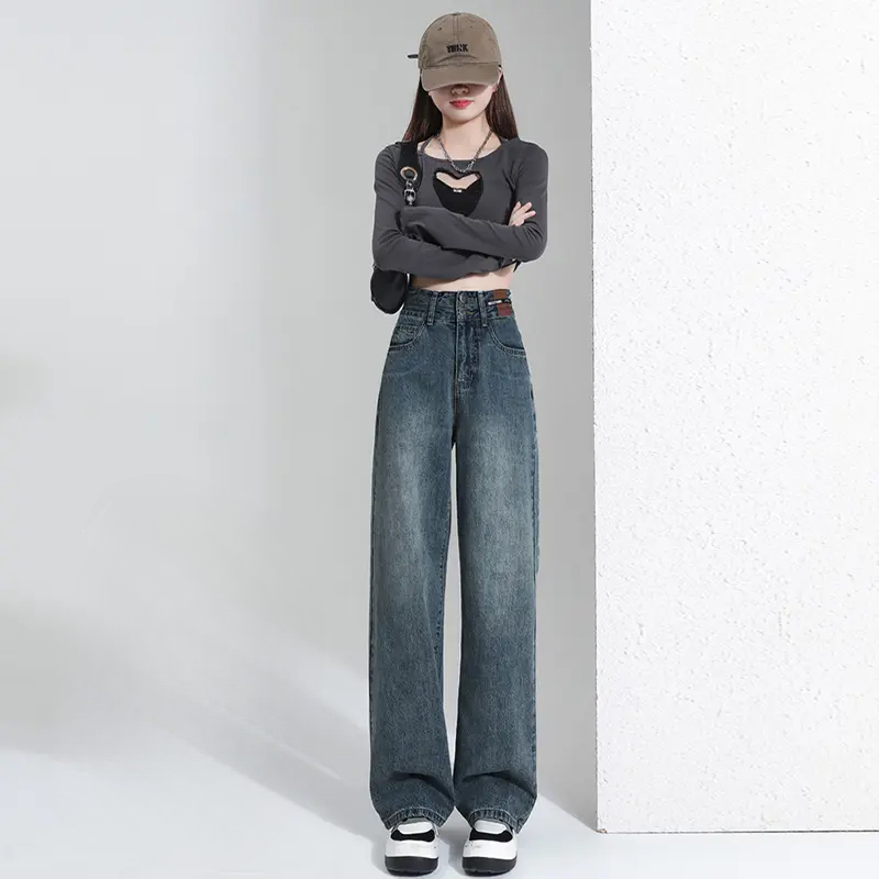 阔腿牛仔裤女2024新款小个子高腰窄版直筒拖地裤裤子九分女裤子