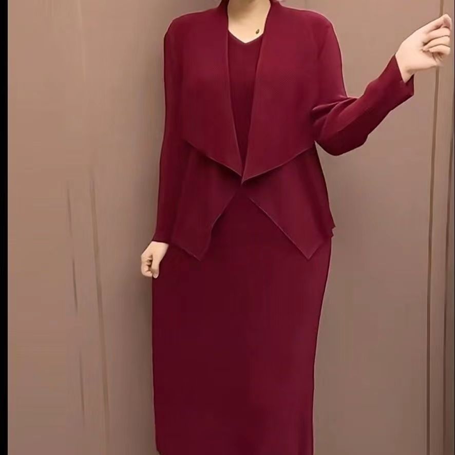 气质纯色褶皱弹力防嗮外披连衣裙两件套装爆款遮肚