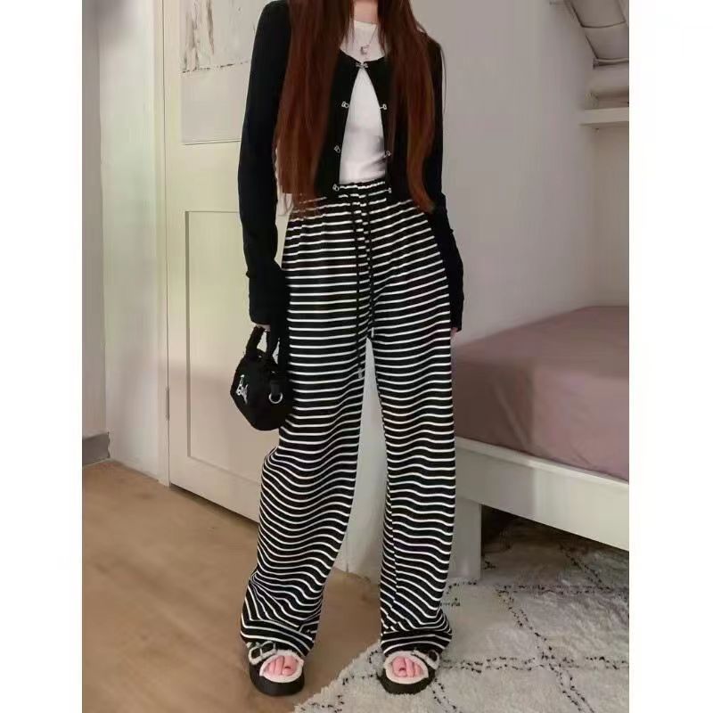 黑白条纹阔腿裤女2023春夏抽绳斑马高腰垂感直筒宽松休闲裤百搭