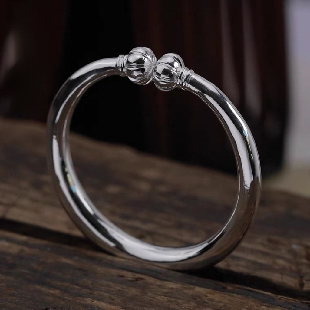 足银手镯 南瓜头素面圆形实心手工手镯 