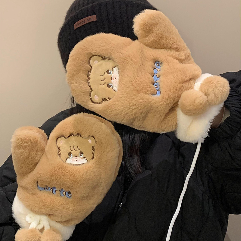 卡通可爱毛绒手套女冬季保暖加厚加绒学生防寒防风全包连指挂脖潮