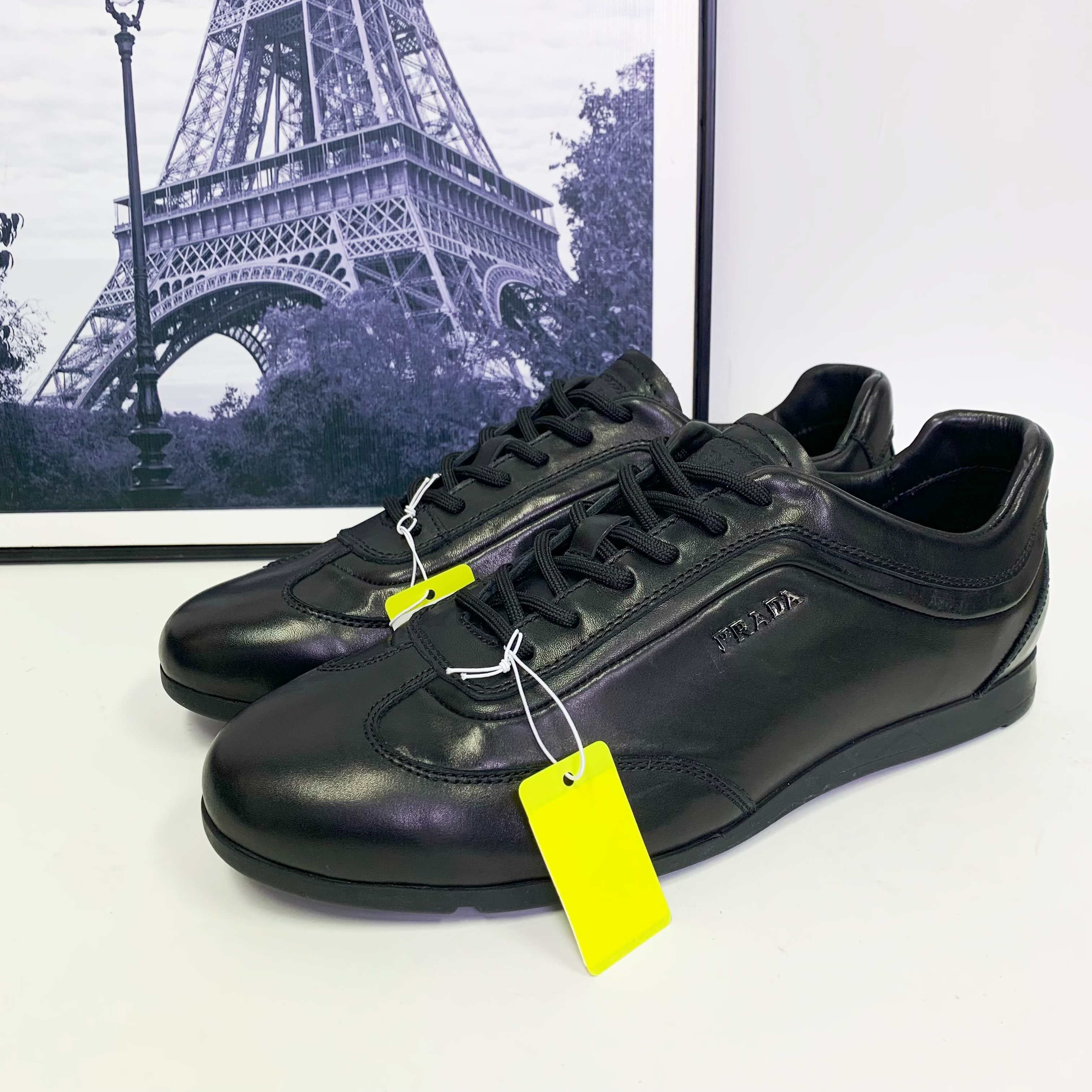 全新未使用 Prada/普拉达 普拉达黑色皮面带侧标德训鞋商务真皮