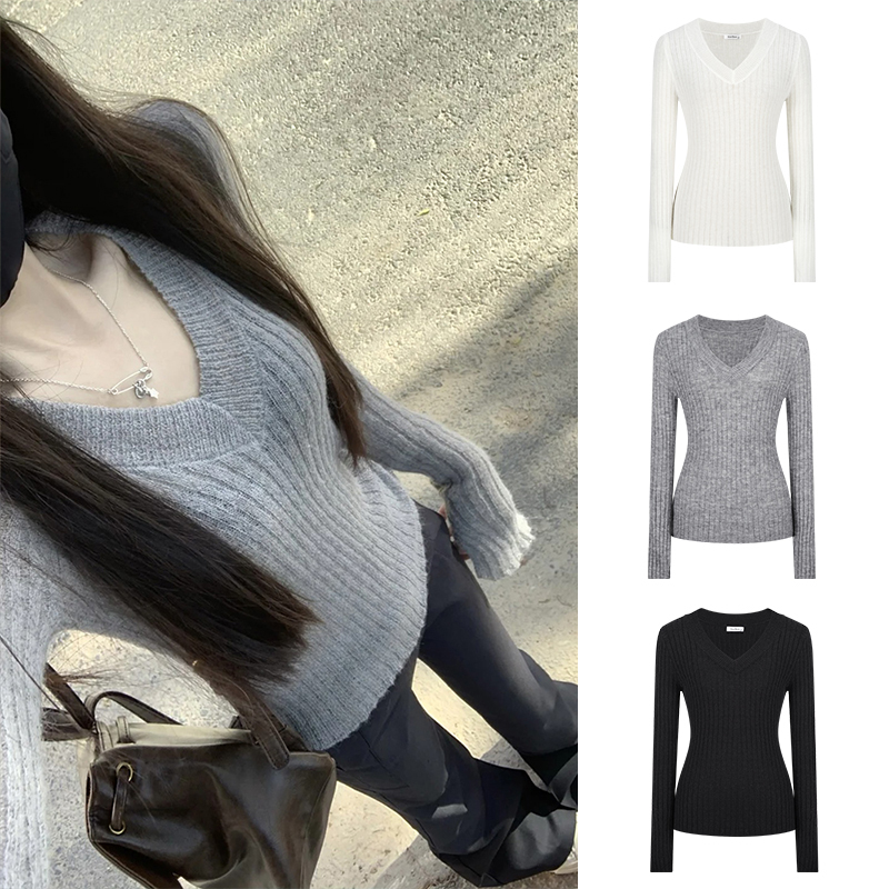Moses Queen/魔西女王灰色v领坑条针织衫收腰显瘦长袖打底衫毛衣