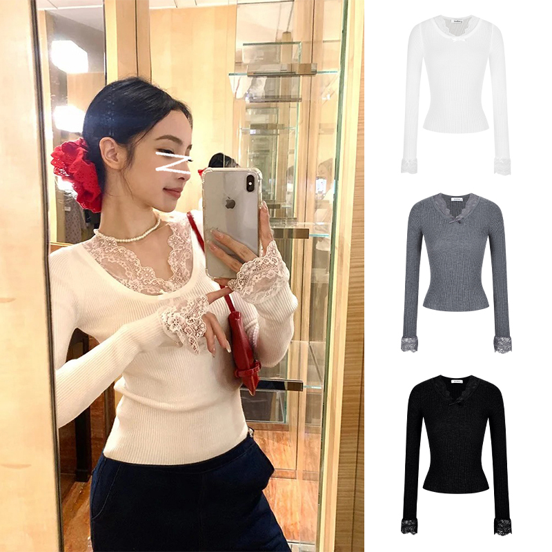 Moses Queen/魔西女王纯色蕾丝高级感设计V领长袖毛衣百搭针织衫