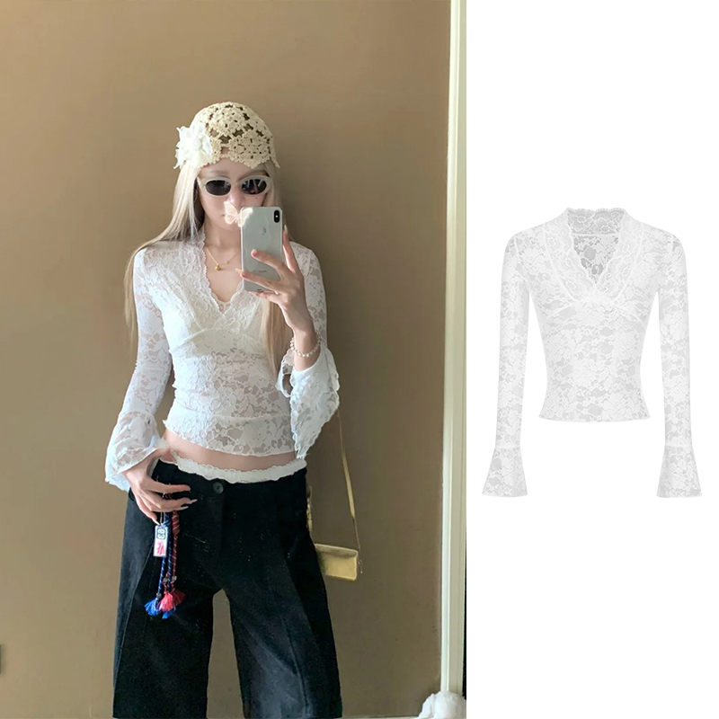 Moses Queen/魔西女王设计感性感V领蕾丝衫收腰T恤纯欲修身上衣女