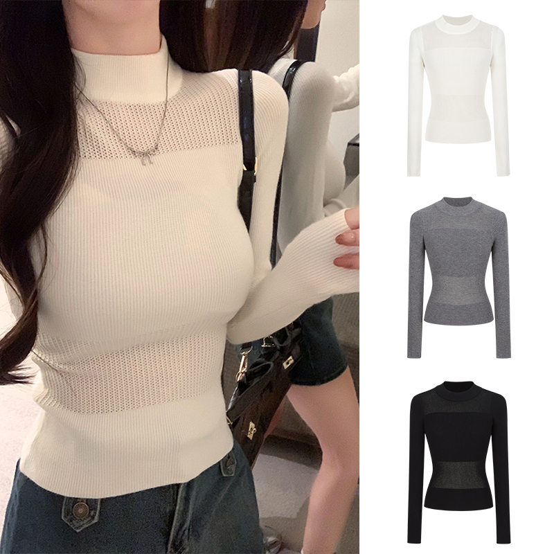 Moses Queen/魔西女王镂空针织衫女收腰长袖毛衣秋显瘦上衣打底衫