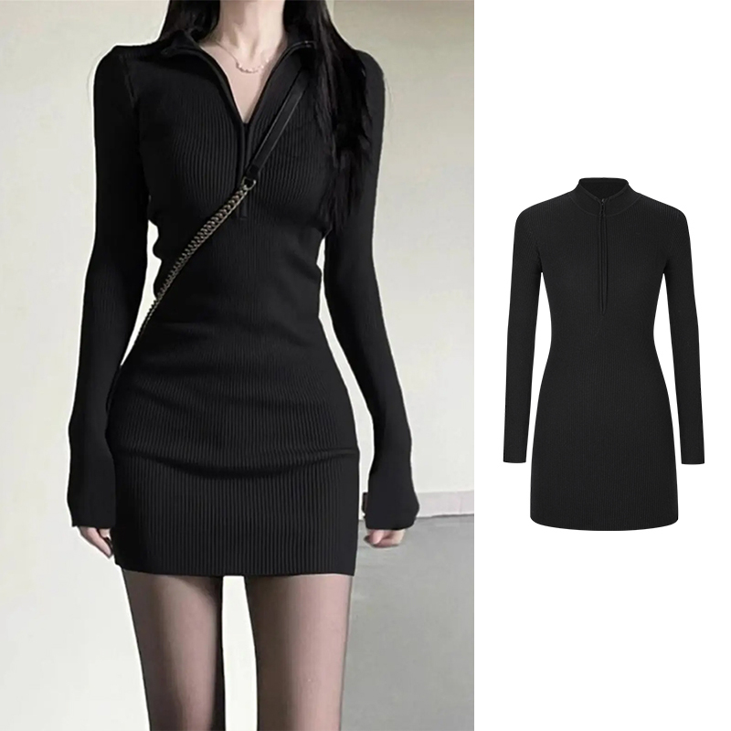 Moses Queen/魔西女王秋冬款半开领连衣裙修身包臀长袖显瘦小黑裙