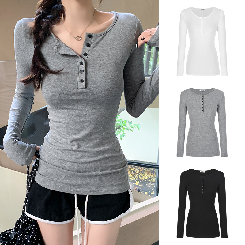 Moses Queen/魔西女王半开领t恤女早秋中长款长袖辣妹修身打底衫