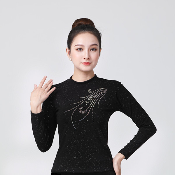 广场舞服装上衣黑色凤尾秋冬新款小高领加绒舞蹈服烫钻长袖打底衫