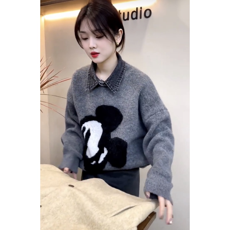 大米奇刺绣毛衣女2025秋冬新款高级感翻领牛仔拼接软糯百搭针织衫