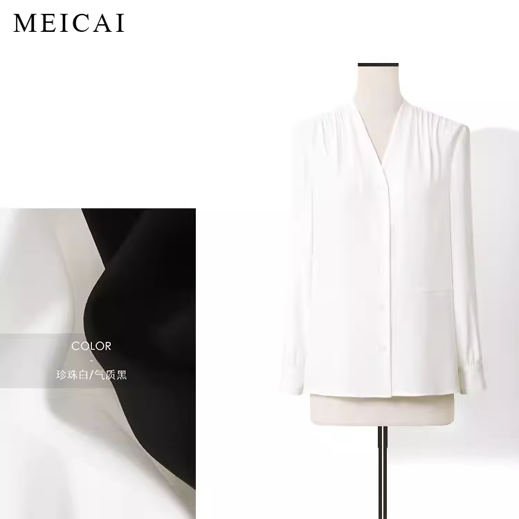 美裁 高品质醋酸 优雅百搭V领叠褶凉感轻薄显瘦衬衫上衣