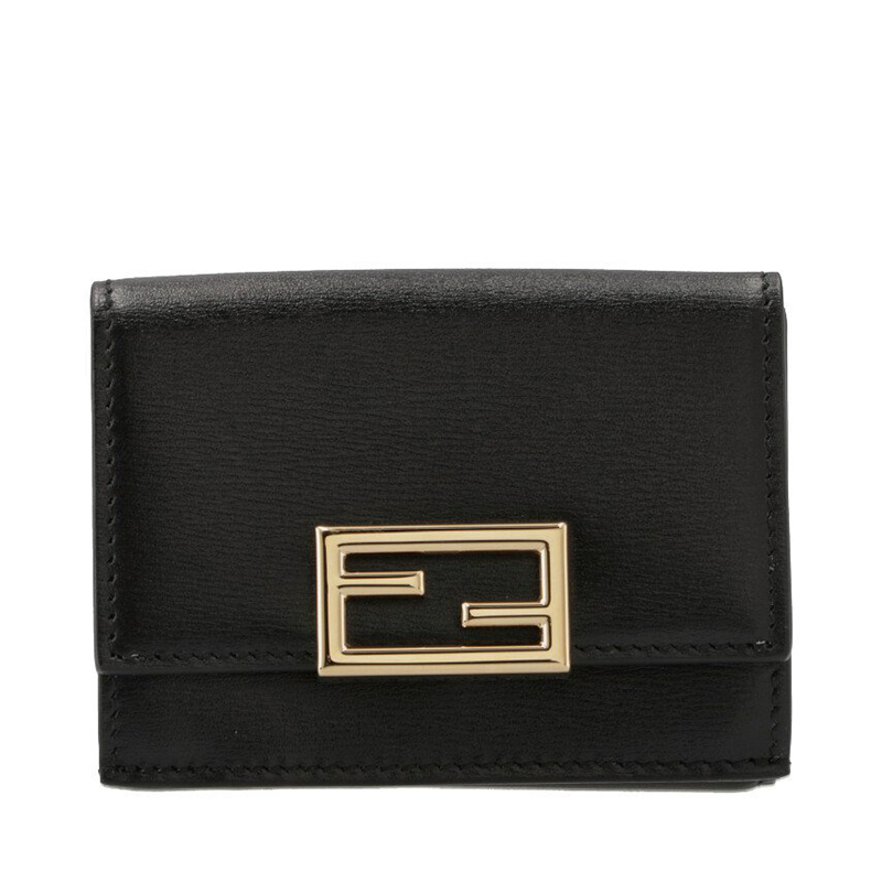 FENDI/芬迪Way 金标Logo小牛皮短款折钱夹钱包女款黑色时尚经典黑