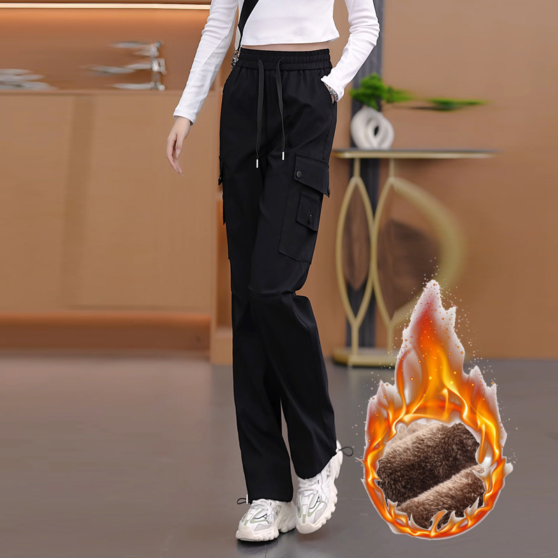 工装阔腿直筒卫裤女秋冬新款高腰加绒宽松休闲显瘦外装窄版运动裤