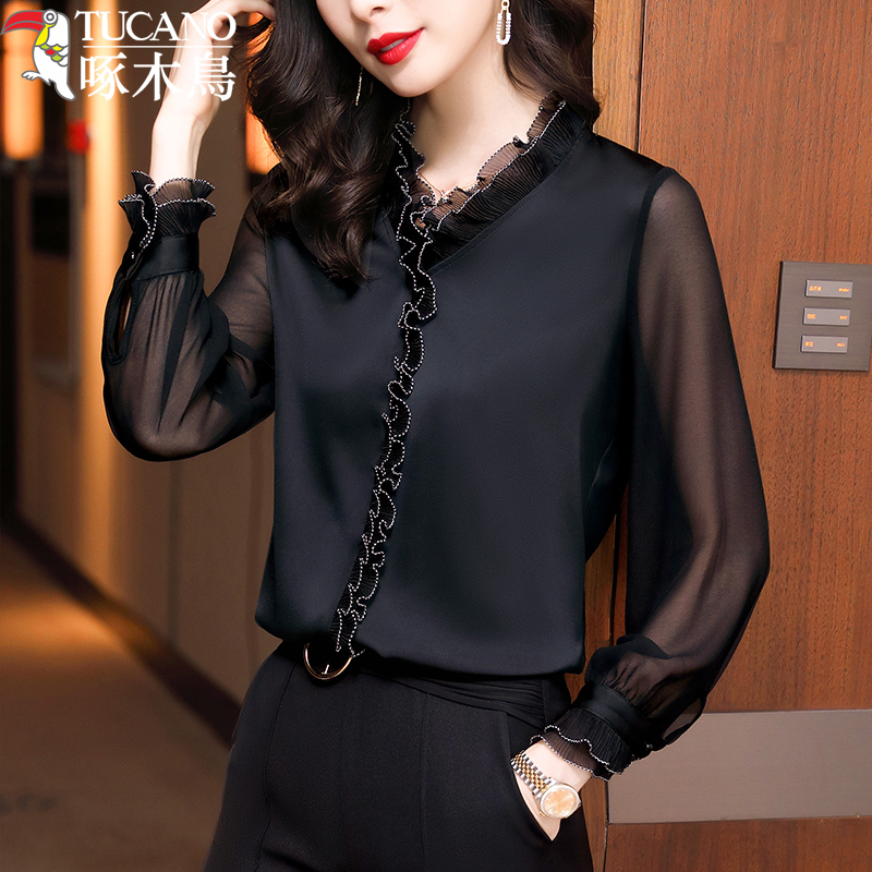 TUCANO/啄木鳥木耳V领雪纺衫网纱衬衫女长袖上衣春秋新款衬衣洋气