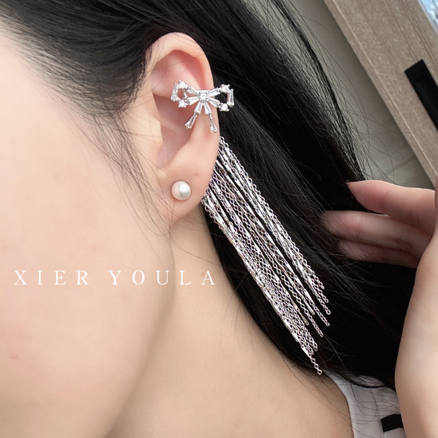 铜合金合成锆石耳饰 【喜儿】8-5-1水钻蝴蝶结流苏蝴蝶耳环耳骨夹