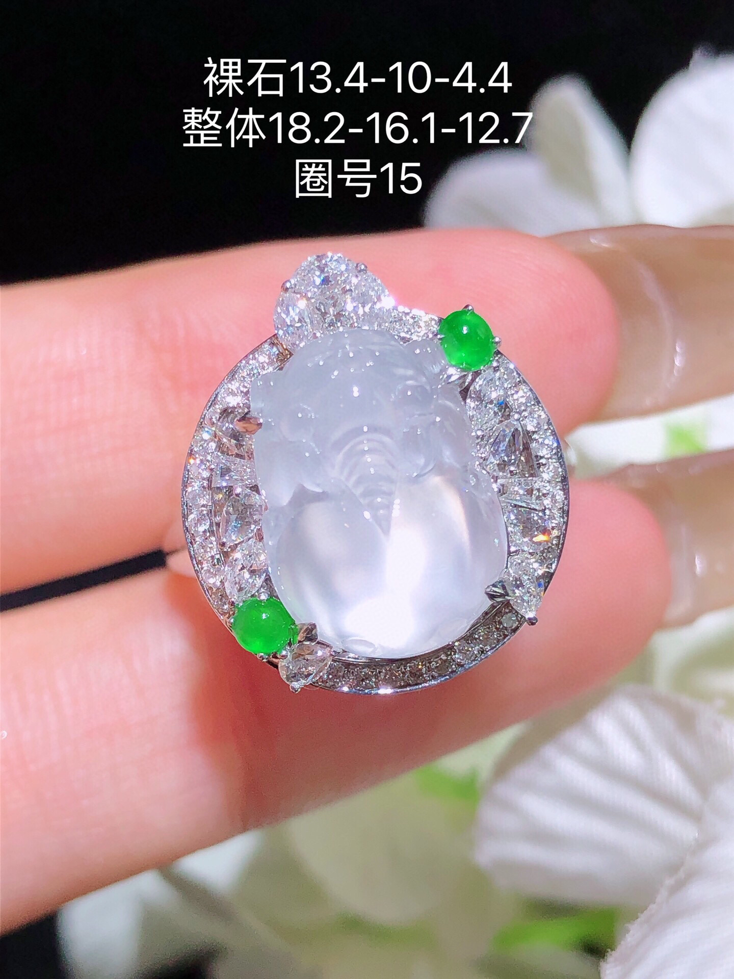 天然缅料A货，冰种貔貅戒指，18K真金镶钻精美高冰种气质女款豪华