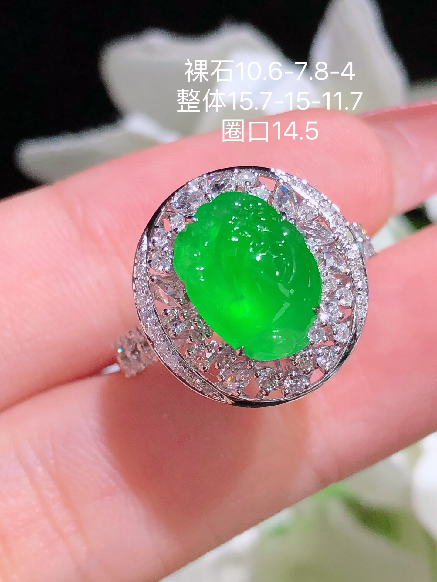 天然缅料翡翠A货 阳绿貔貅戒指 18k真金镶钻绿色豪华通透