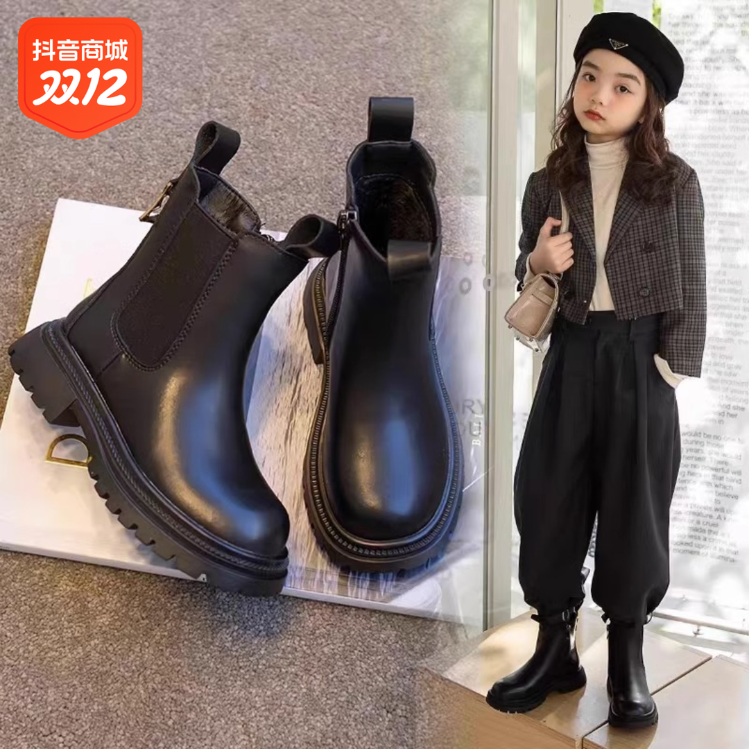回力瑞女童英伦风马丁靴2023年秋冬款儿童短靴女孩中大童烟筒靴子