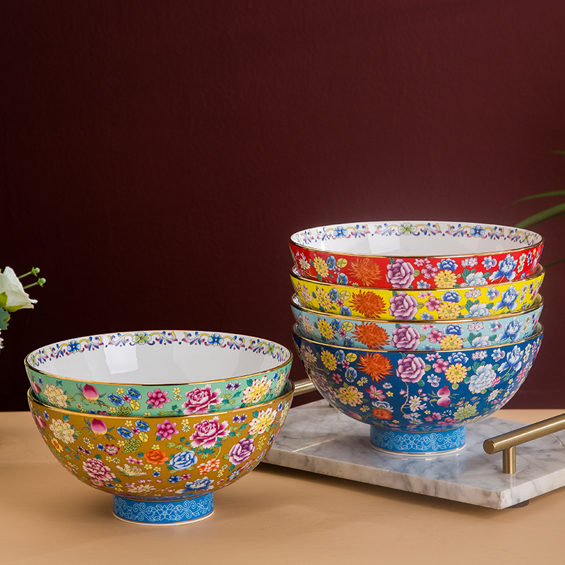 景德镇万花8英寸6色【中式大汤碗】宫廷御用珐琅彩餐具陶瓷家用手工