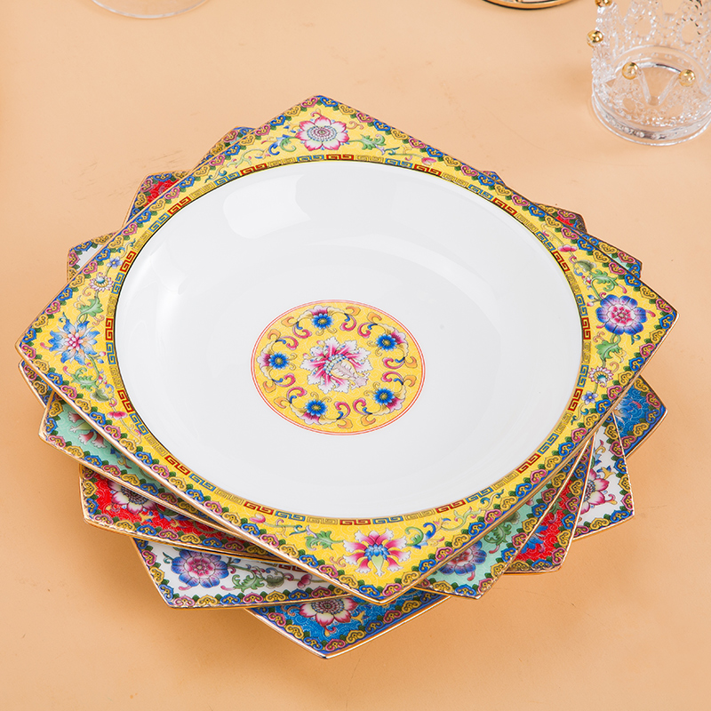珐琅彩8寸餐盘天元方盘盘子碟子单个中式宫廷景德镇骨瓷陶瓷餐具