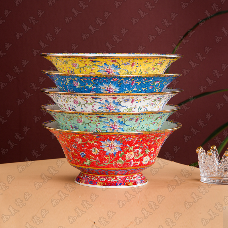 珐琅彩元宝碗家用金边5英寸饭碗中式宫廷高脚景德镇陶瓷餐具