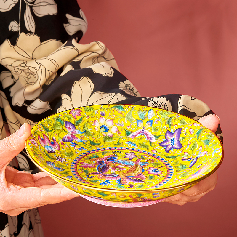 景德镇宫廷珐琅彩宫廷陶瓷餐具家用菜盘汤盘比翼双飞创意糕点盘