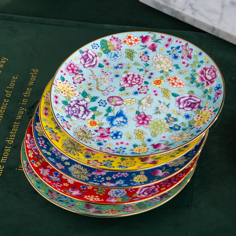 景德镇万花10英寸满花大平盘家用中式圆形点心盘珐琅彩6色混合装