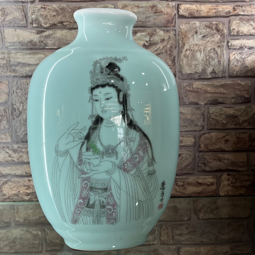 昆仑牌鲁青瓷刻瓷《观音》360mm*220mm手工工艺品雕刻青釉