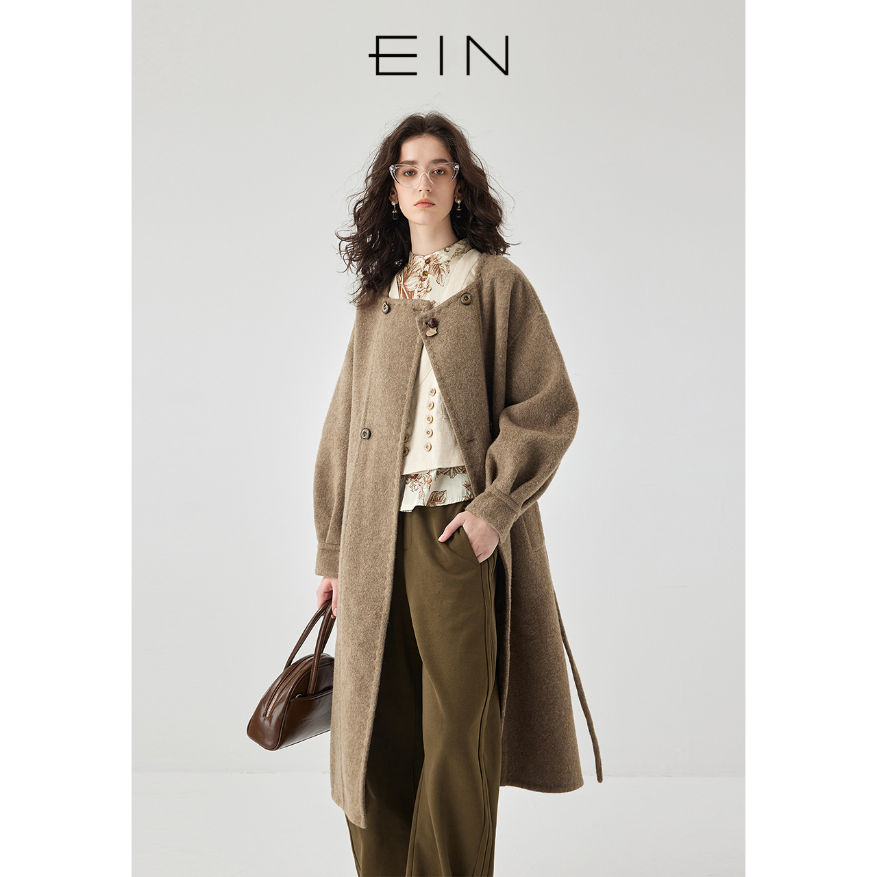 EIN/言【文艺知识分子】美拉德方领双排扣绵羊毛长大衣24秋冬新款