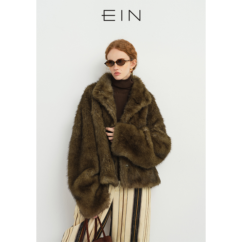 EIN/言静奢老钱风双领型设计仿皮草千金感短大衣秋冬新款