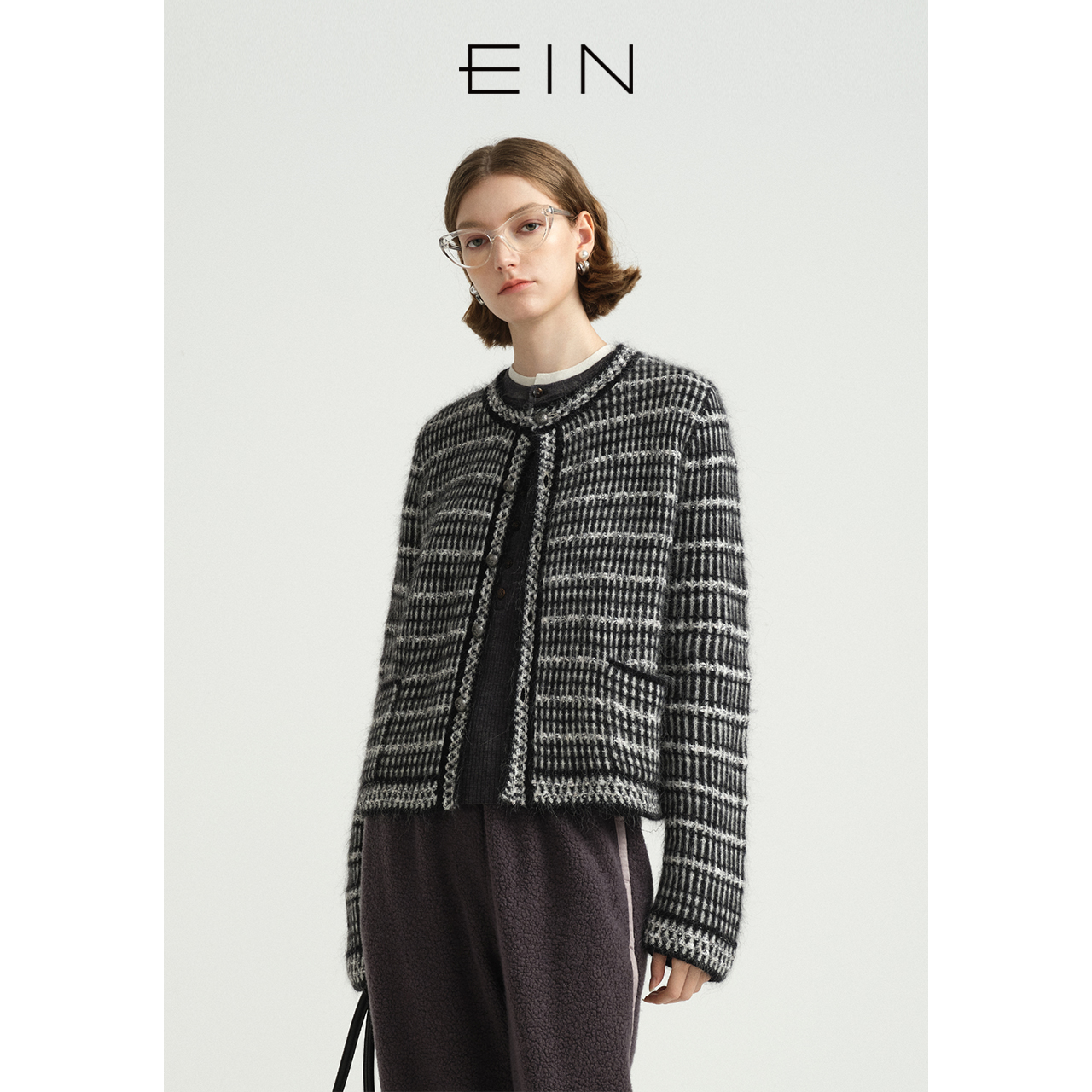 EIN/言静奢小香风金属扣条纹粗花呢箱型千金针织外套2025春款