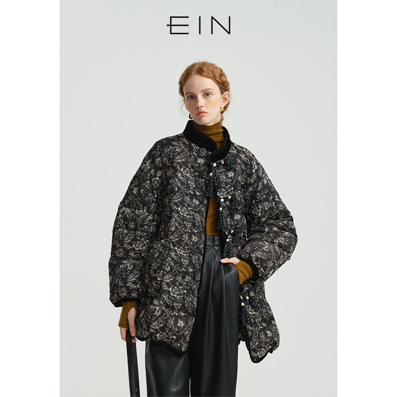 EIN/言新中式腊梅绣花丝绒立领流苏盘扣鸭绒中长羽绒服秋冬新款